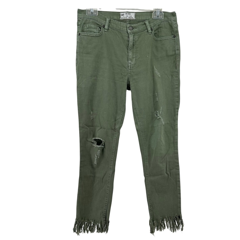 Free People Olive Green Distressed Skinny Jeans Fringe Hem W28 61855-Bohemian